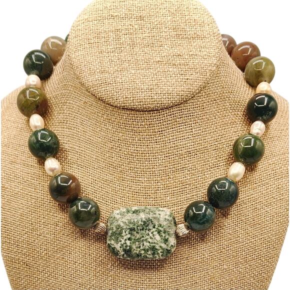 Artisan Gemstone Necklace Indian Agate Jasper Pearl w/ Sterling Clasp - Picture 3 of 8